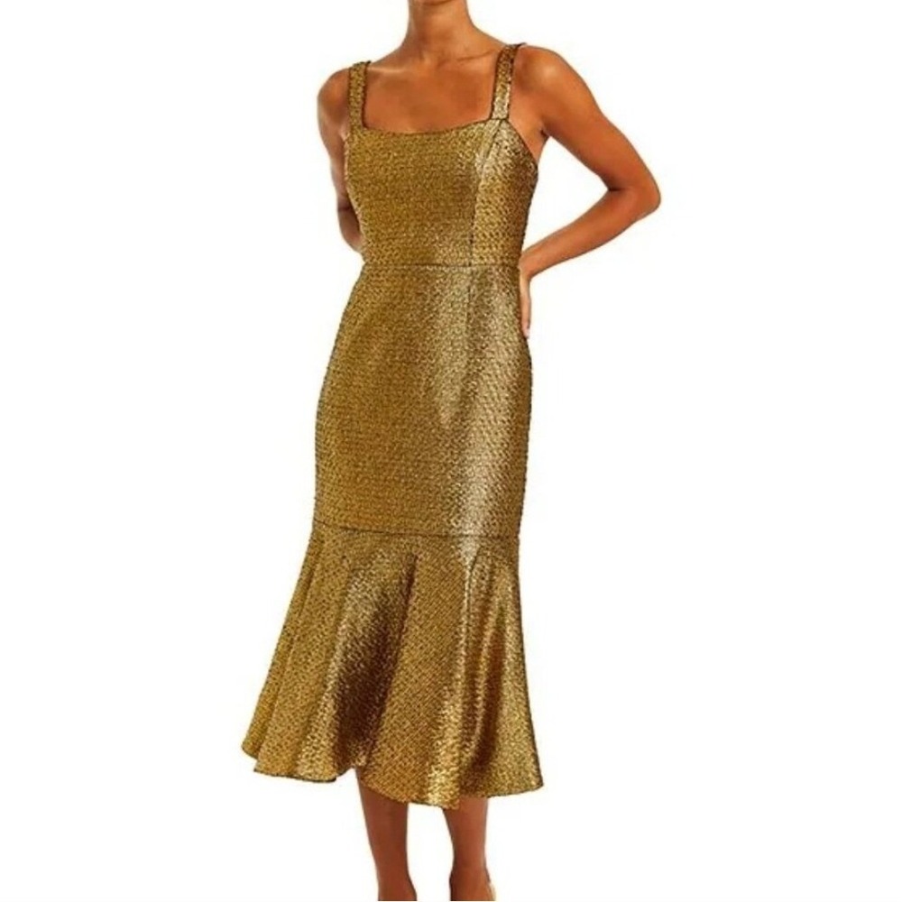 Mestiza New York Jody Metallic Gold Tweed Square Neck Flutter Hem Midi Dress 2‎ - Picture 16 of 16